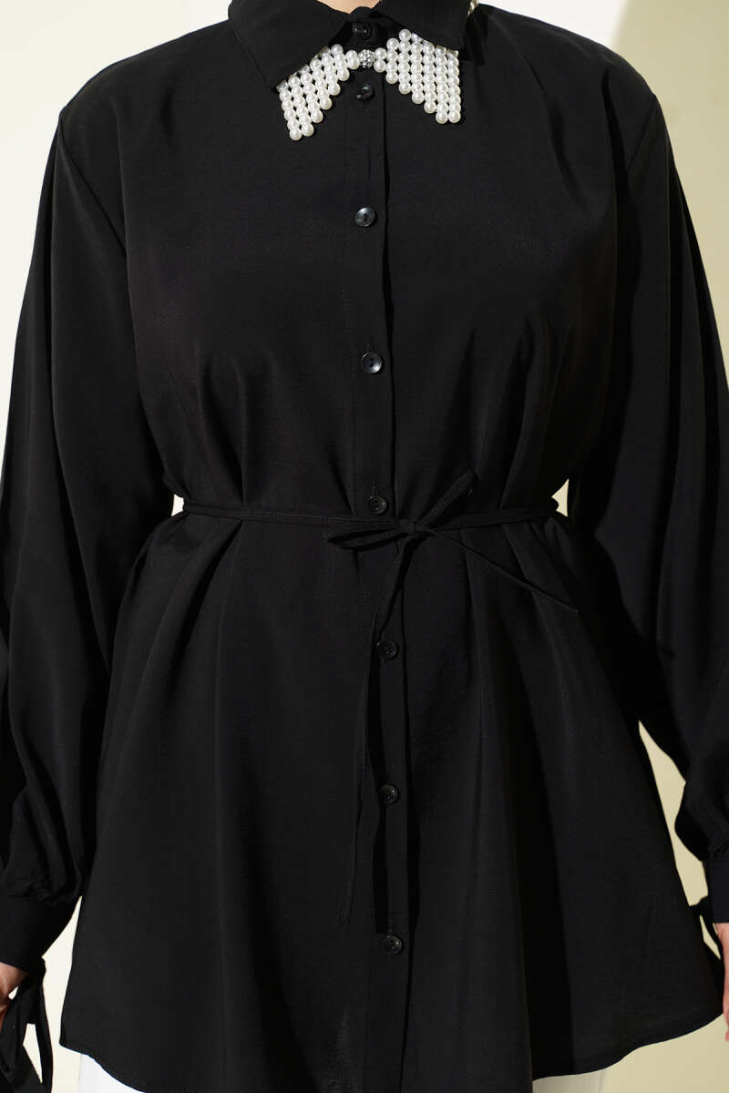 Tencel Shirt with Lace Back and Ties - Black