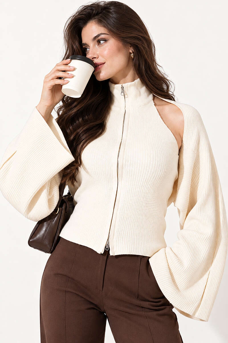 Open-Back Knit Blouse - Beige