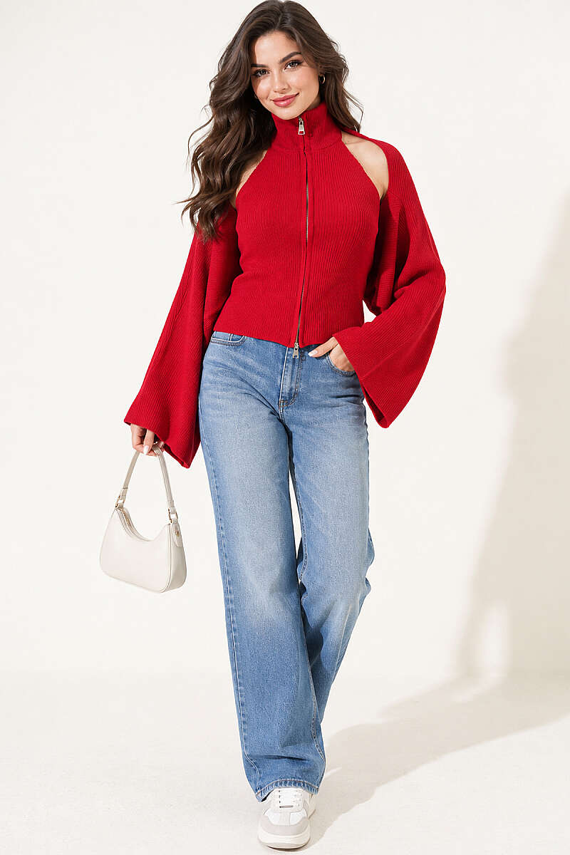 Open-Back Knit Blouse - Red