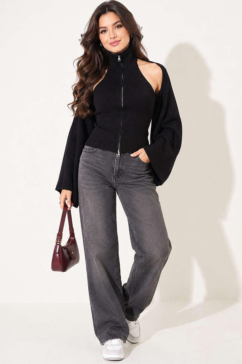 Open-Back Knit Blouse - Black