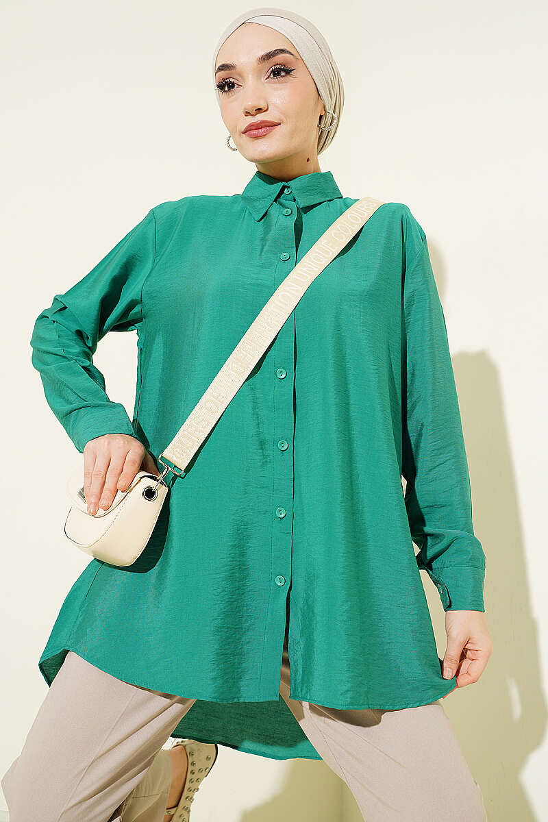 Loose Basic Shirt with Back Pleat - Green