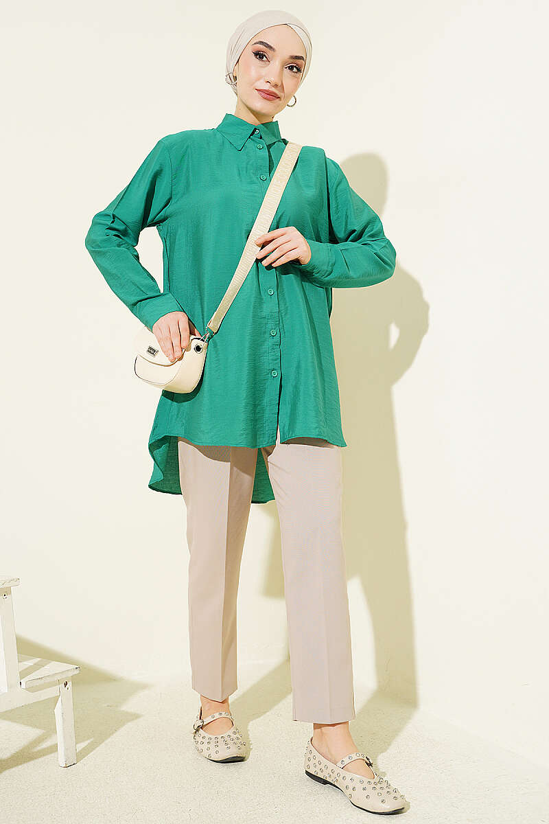 Loose Basic Shirt with Back Pleat - Green