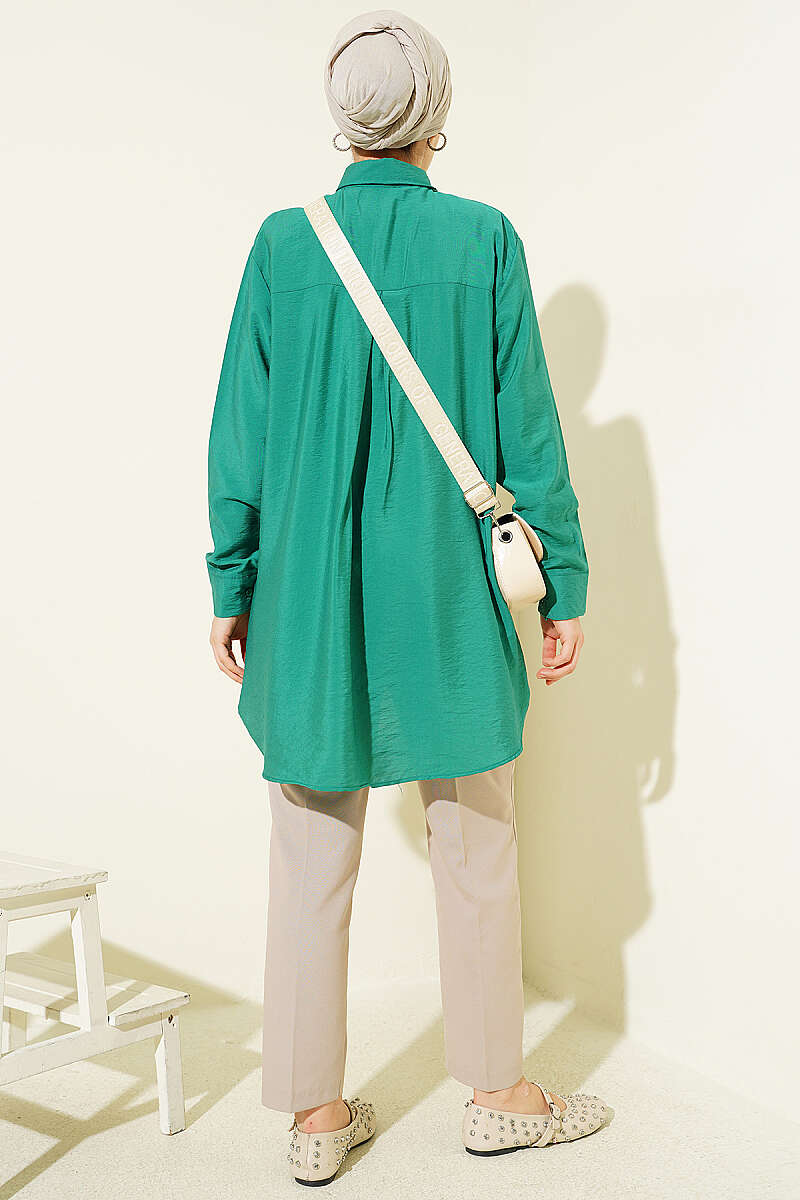 Loose Basic Shirt with Back Pleat - Green