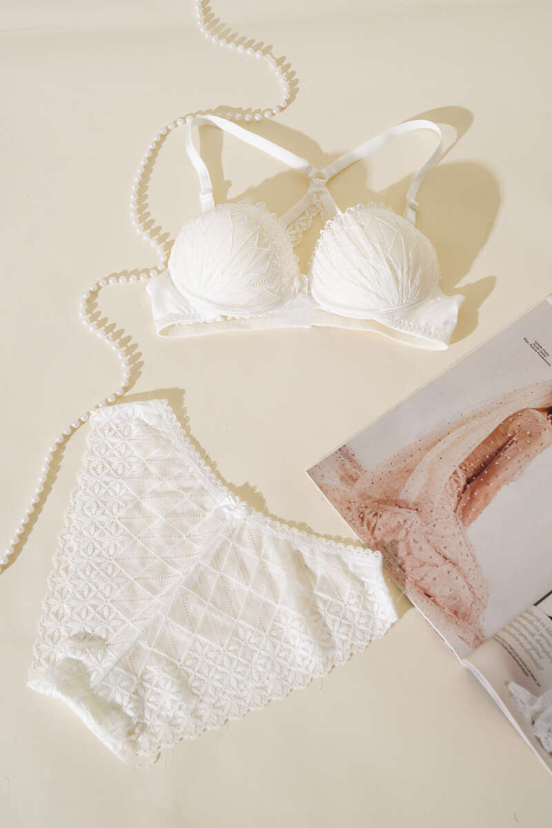 Padded Bra Set with Criss-Cross Lace Back - Ecru