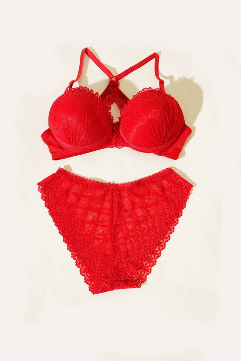 Padded Bra Set with Criss-Cross Lace Back - Red