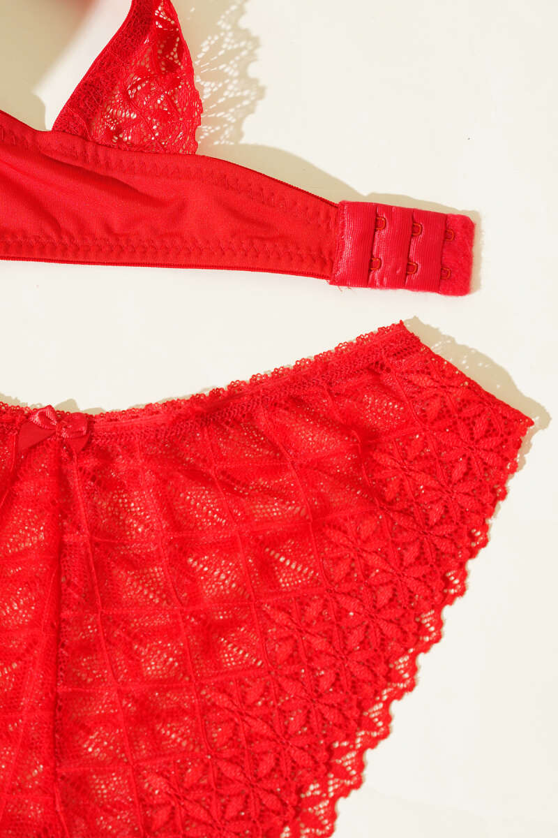 Padded Bra Set with Criss-Cross Lace Back - Red