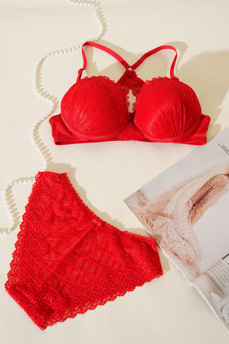 Padded Bra Set with Criss-Cross Lace Back - Red