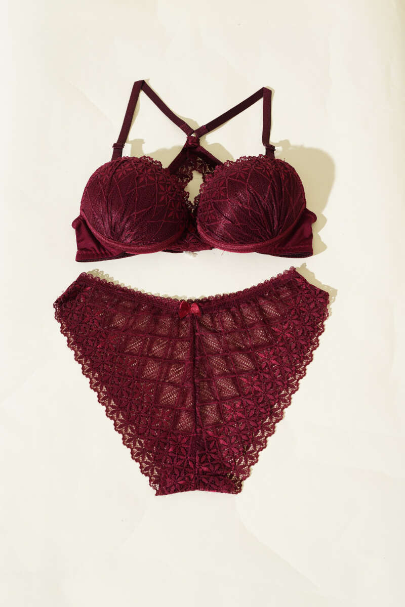 Padded Bra Set with Criss-Cross Lace Back - Plum