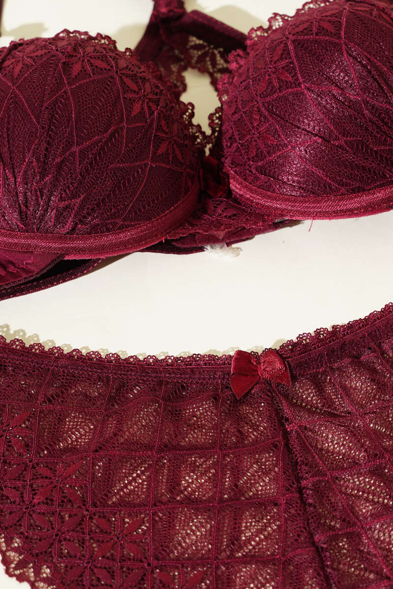Padded Bra Set with Criss-Cross Lace Back - Plum