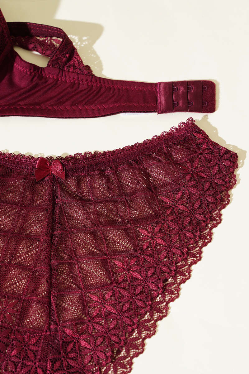 Padded Bra Set with Criss-Cross Lace Back - Plum