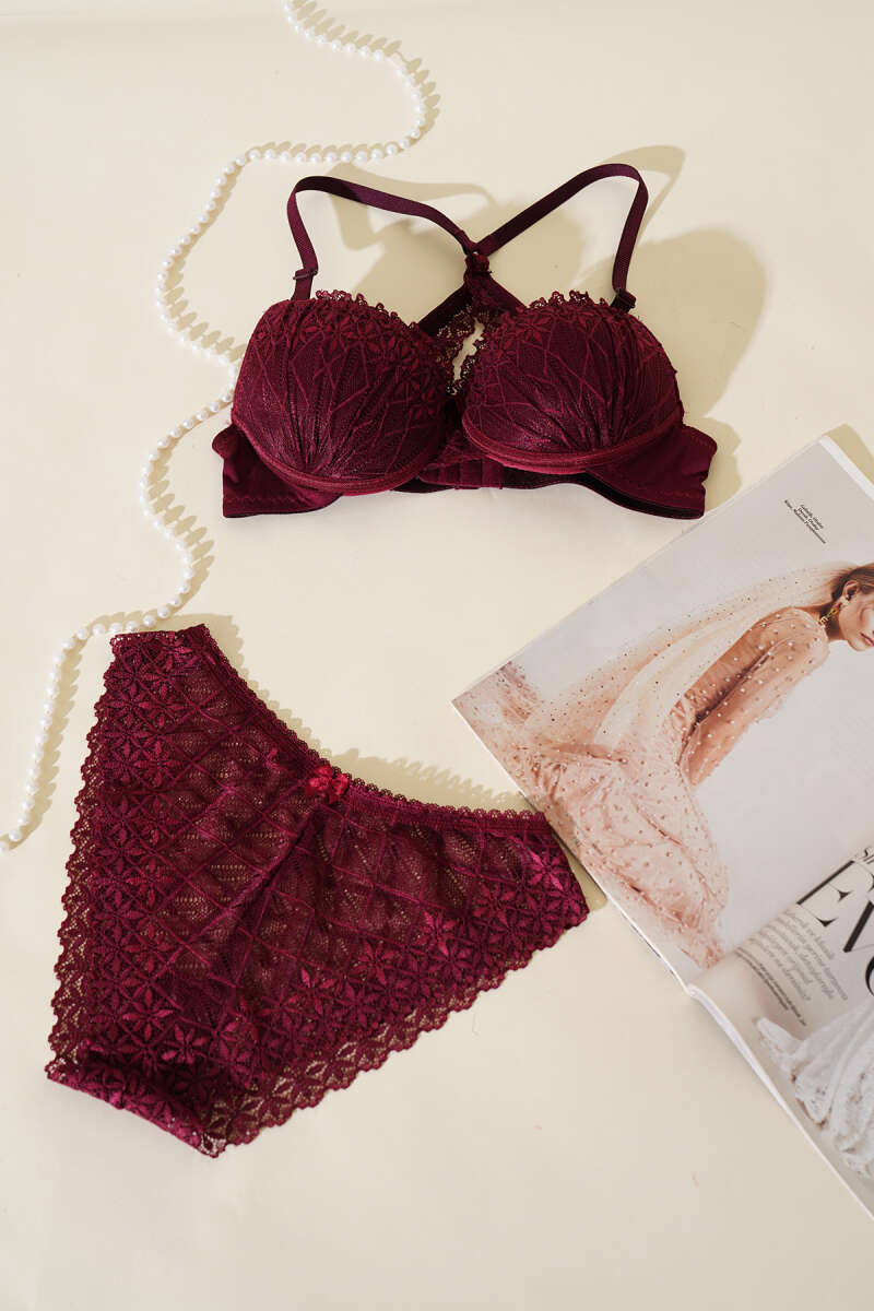 Padded Bra Set with Criss-Cross Lace Back - Plum