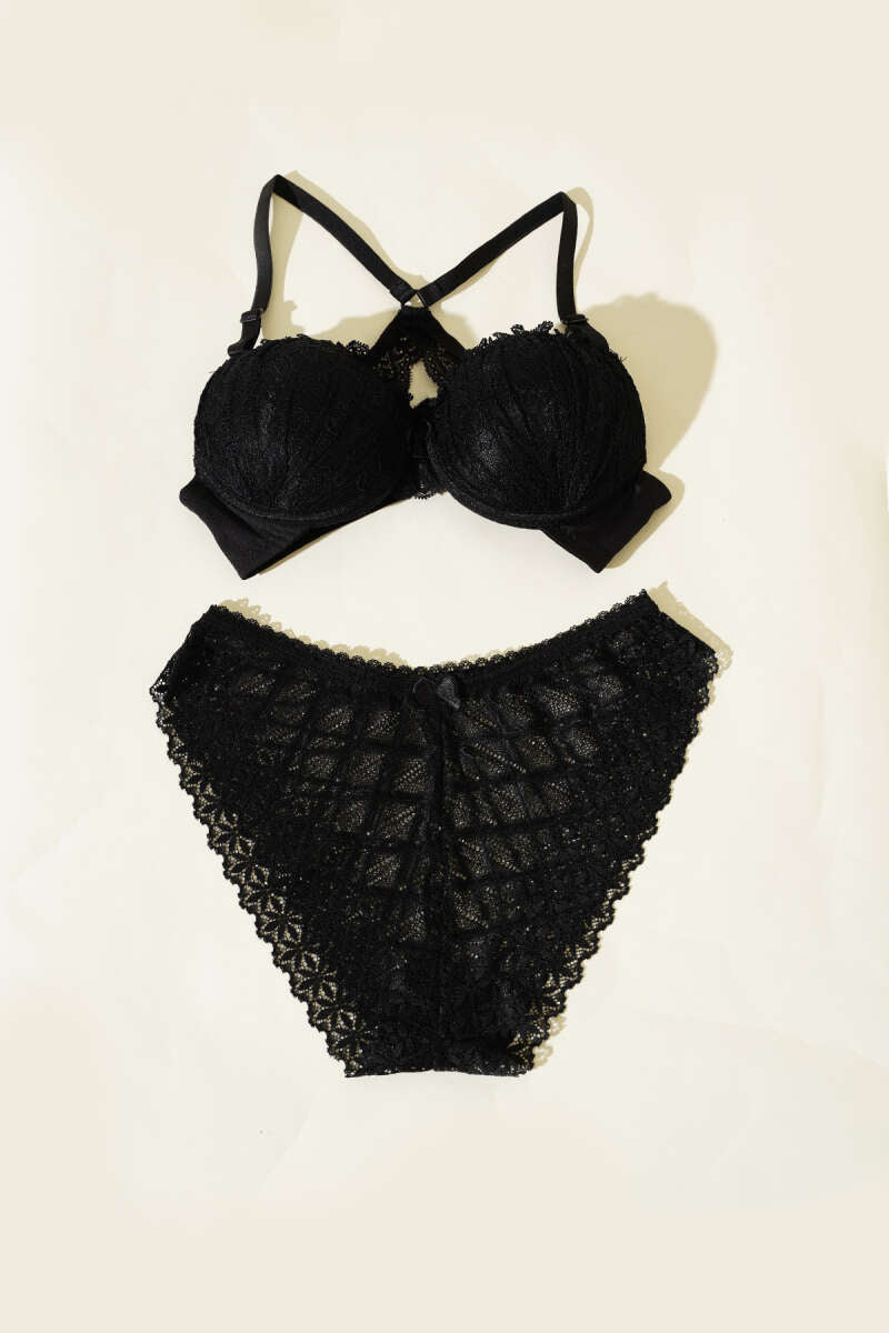Padded Bra Set with Criss-Cross Lace Back - Black