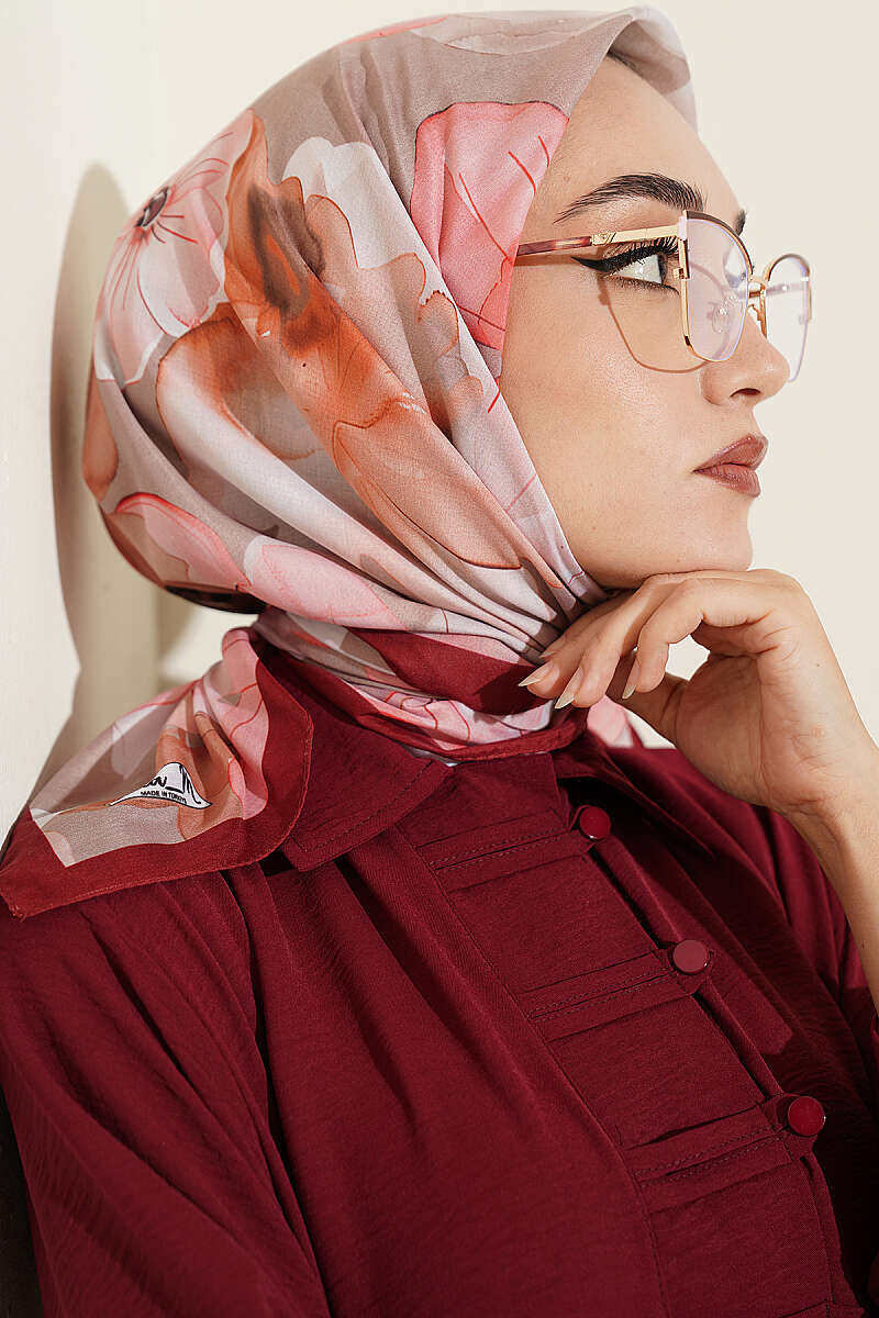 Soft Floral Print Scarf - Burgundy-Beige