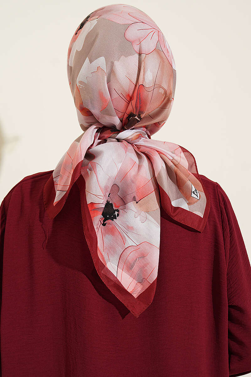 Soft Floral Print Scarf - Burgundy-Beige