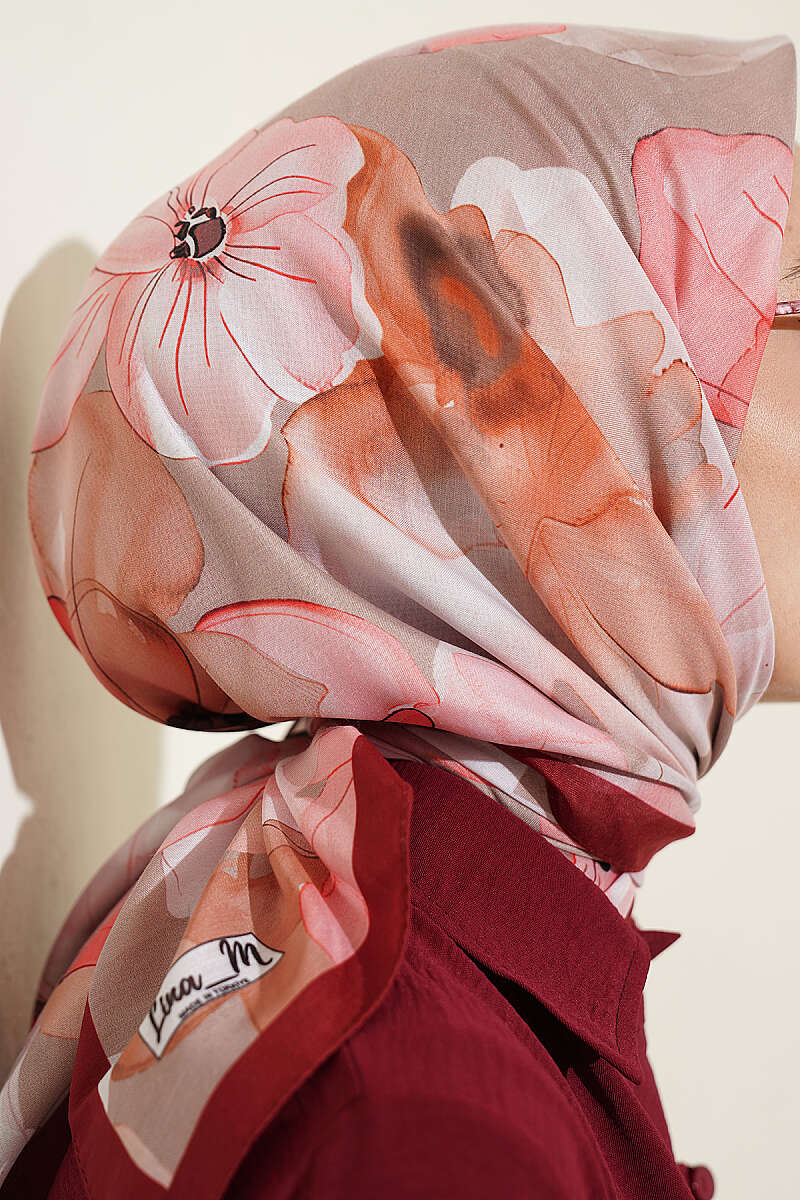 Soft Floral Print Scarf - Burgundy-Beige