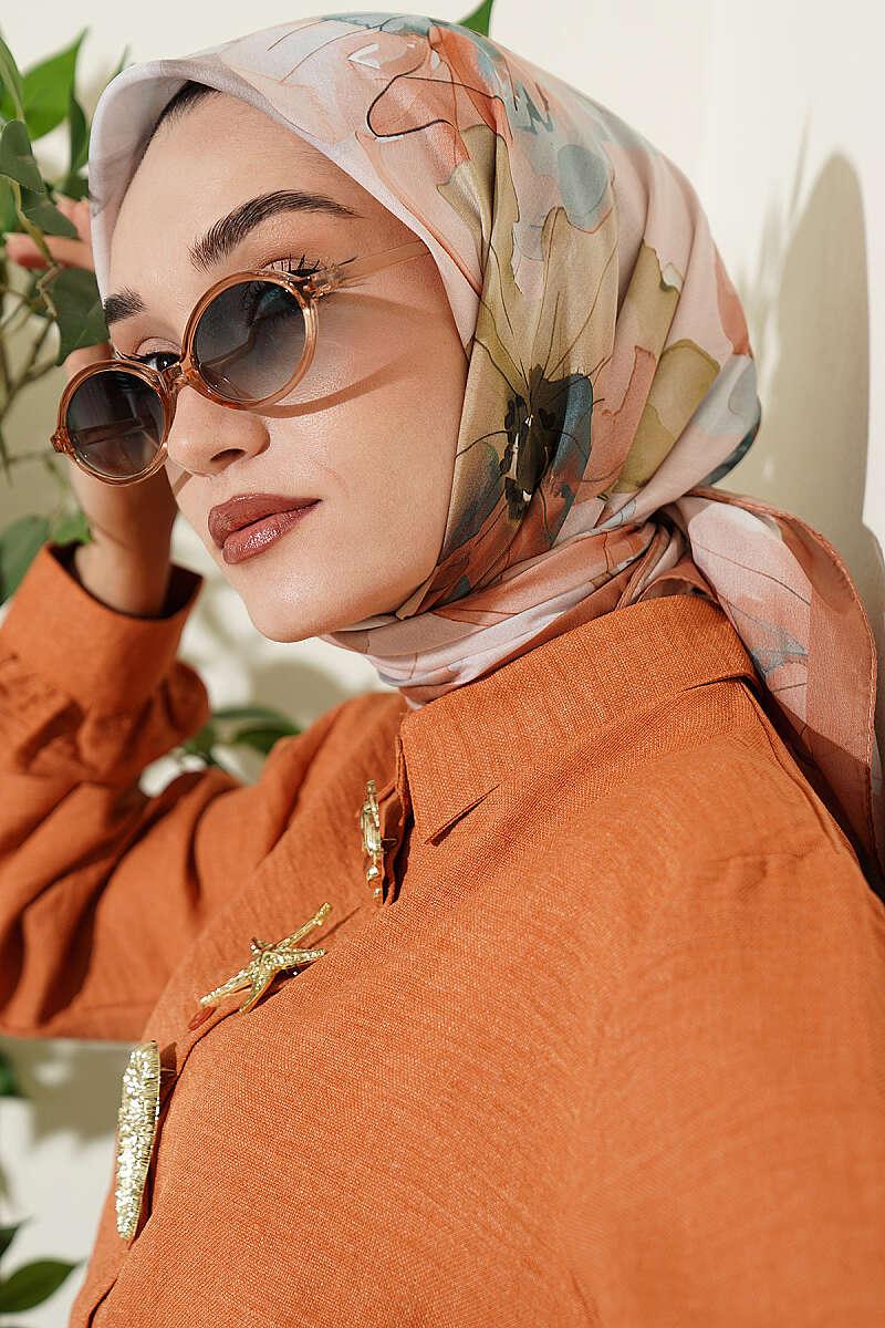 Soft Floral Print Scarf - Camel