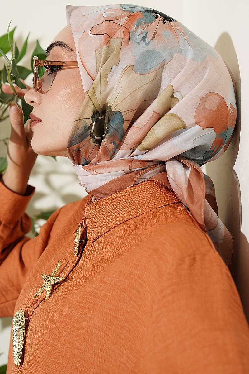Soft Floral Print Scarf - Camel