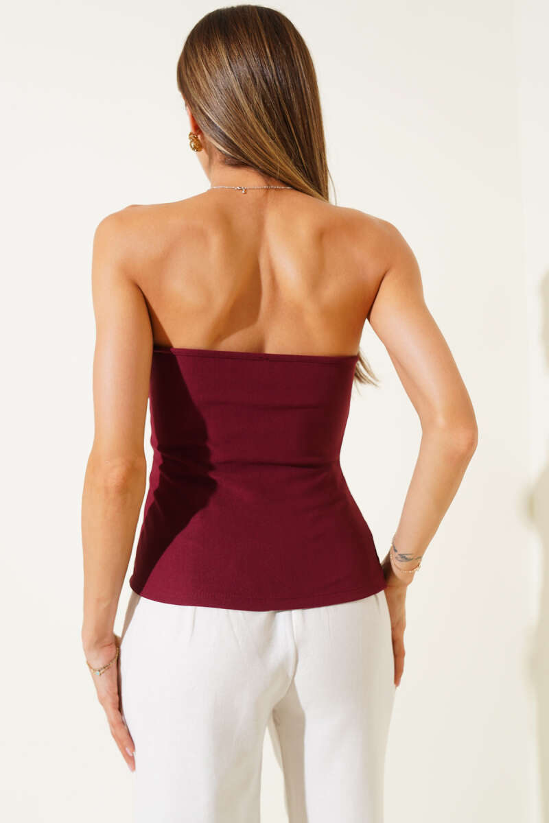 Strapless Ribbed Blouse with Button Detail - Burgundy