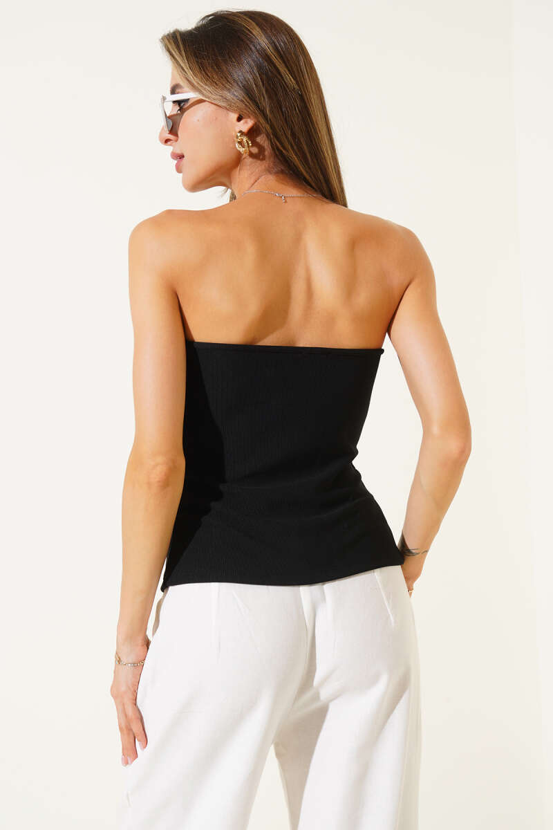 Strapless Ribbed Blouse with Button Detail - Black