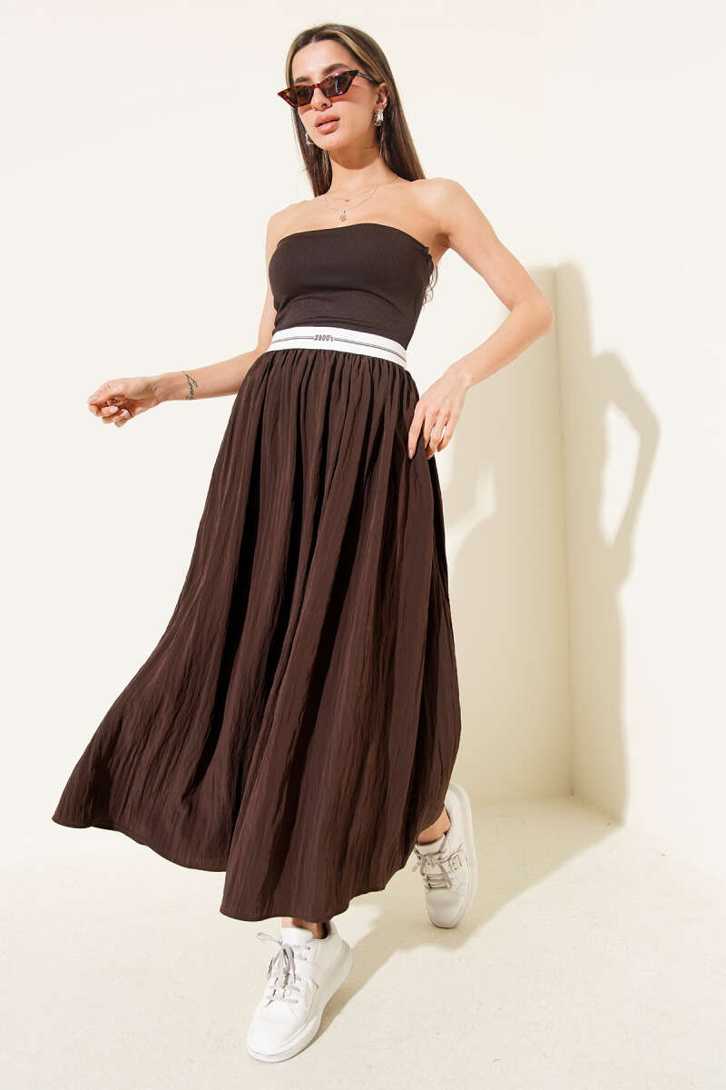 Strapless Midi Dress with Trim Detail - Brown