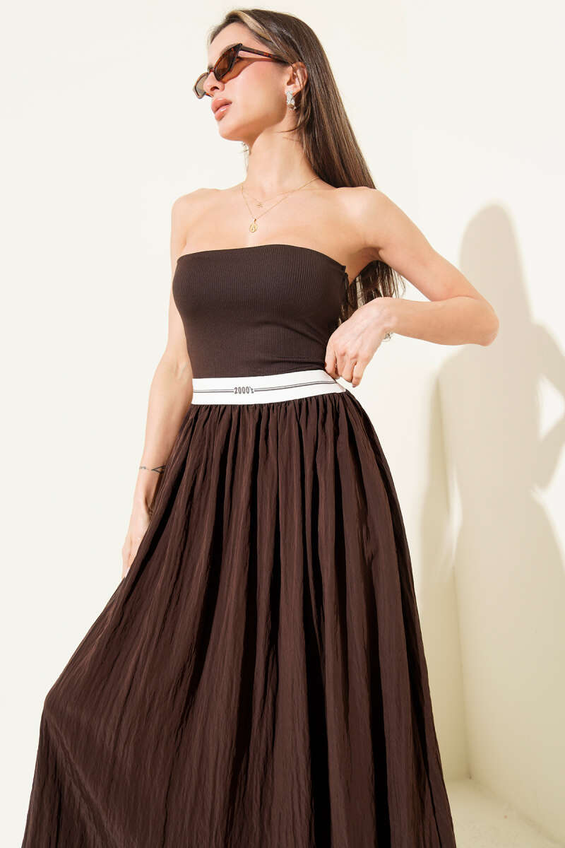 Strapless Midi Dress with Trim Detail - Brown