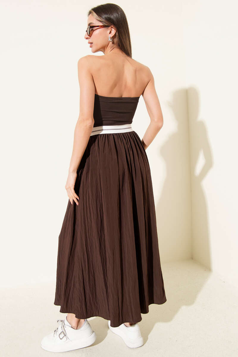 Strapless Midi Dress with Trim Detail - Brown