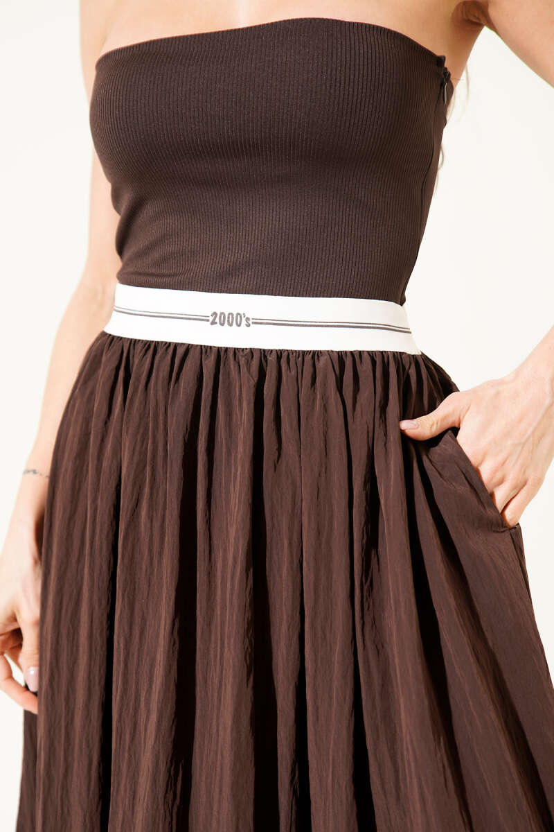 Strapless Midi Dress with Trim Detail - Brown