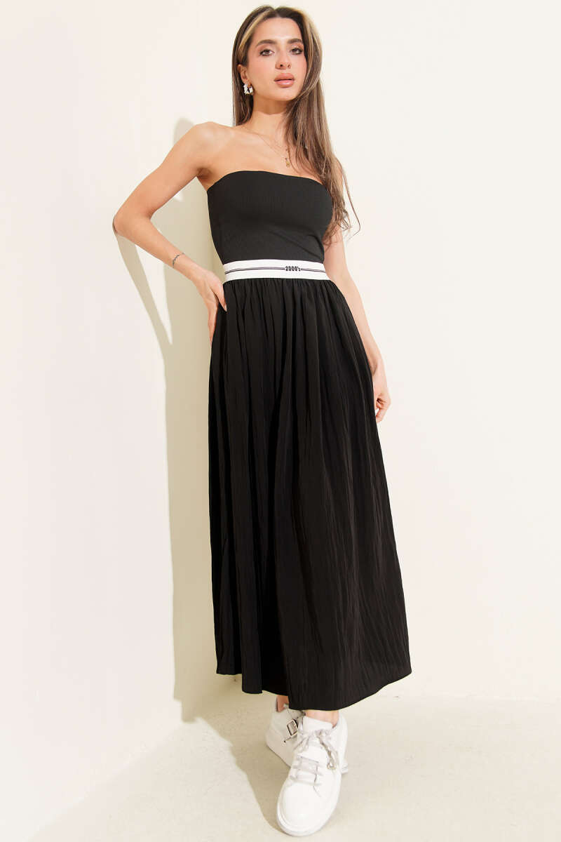 Strapless Midi Dress with Trim Detail - Black