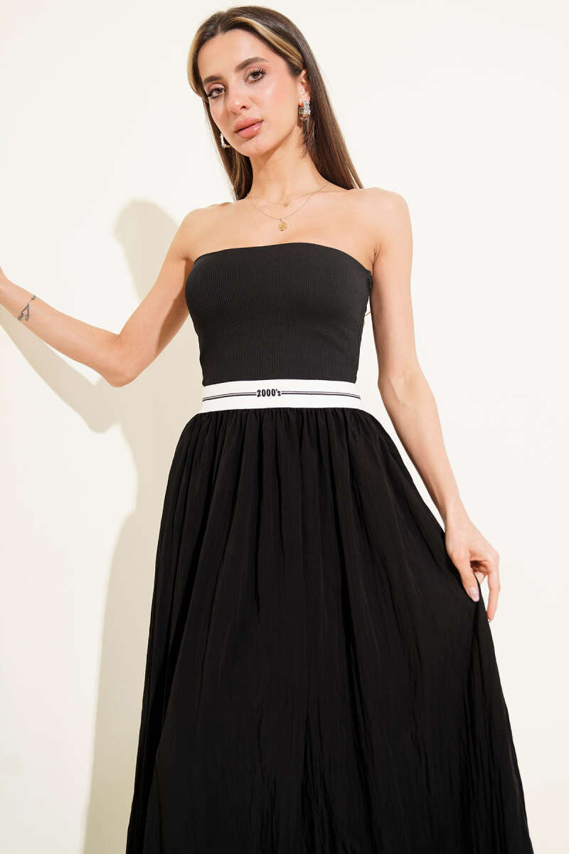Strapless Midi Dress with Trim Detail - Black