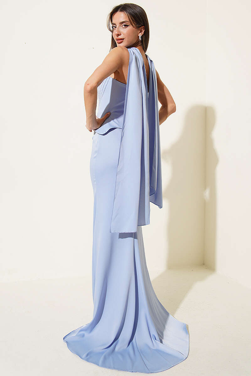 Strapless Evening Dress with Stone Front - Light Blue