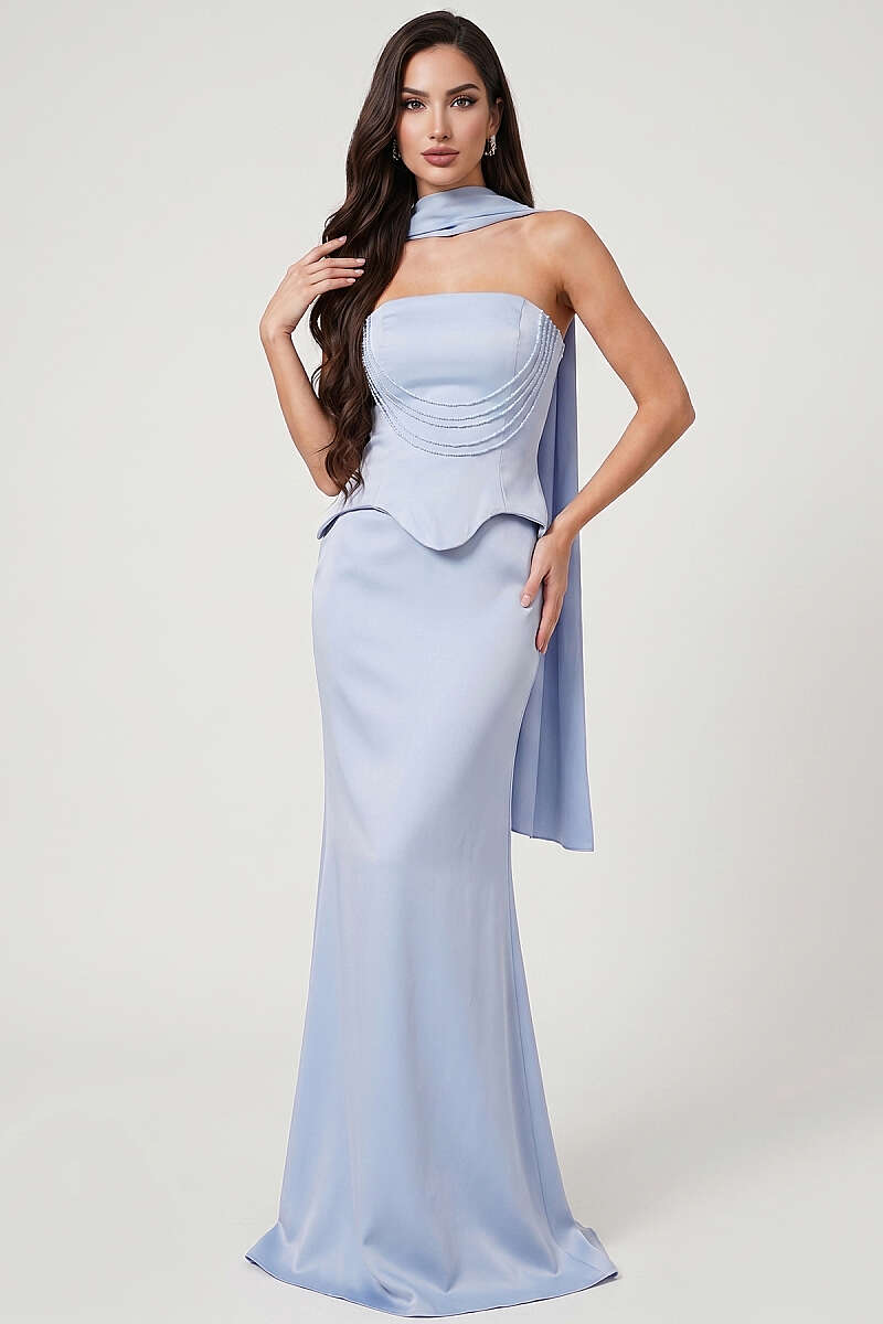Strapless Evening Dress with Stone Front - Light Blue