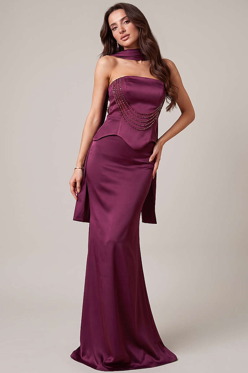 Strapless Evening Dress with Stone Front - Plum