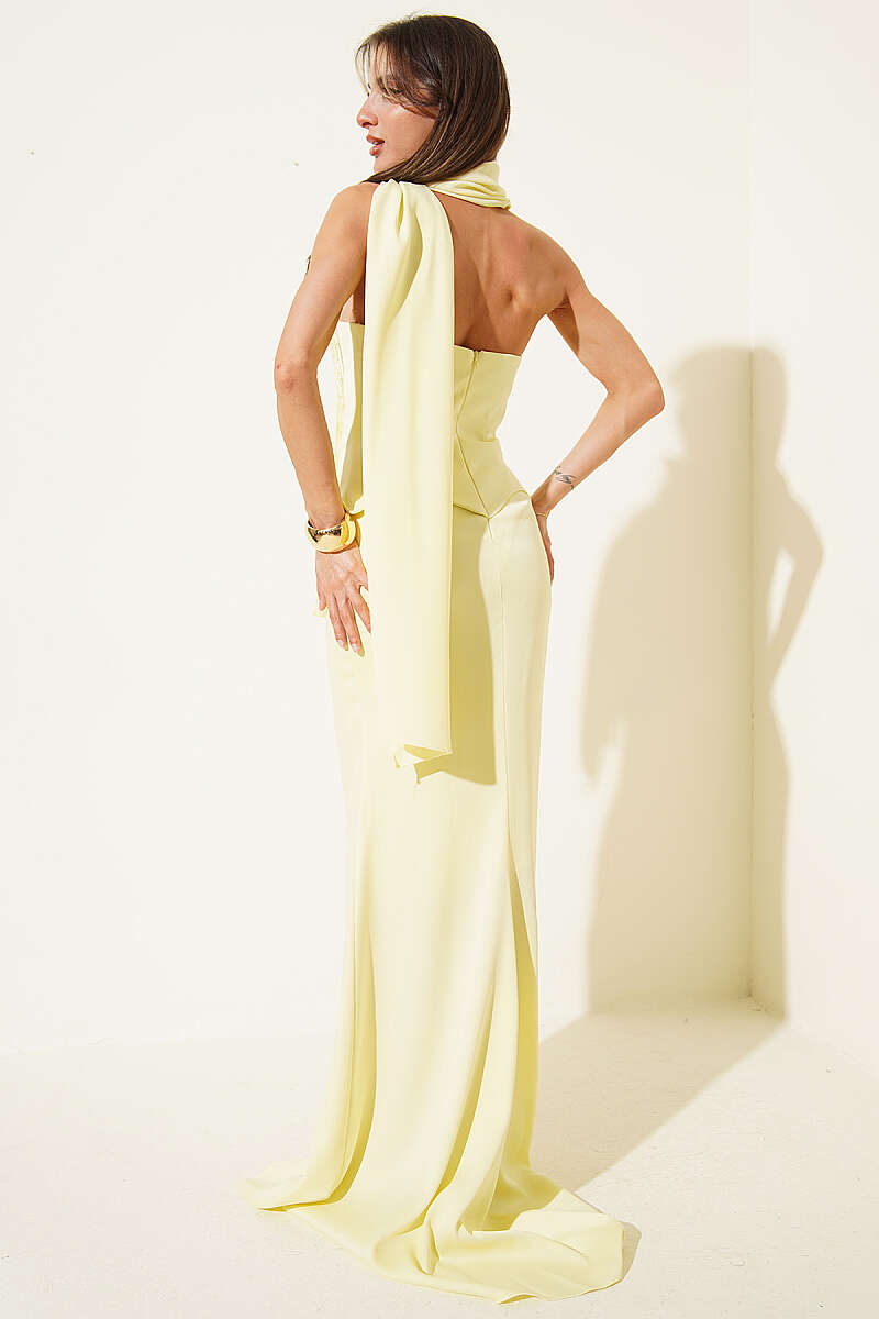 Strapless Evening Dress with Stone Front - Yellow