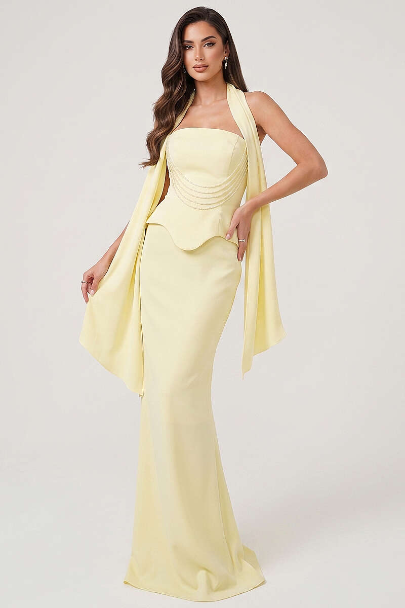 Strapless Evening Dress with Stone Front - Yellow
