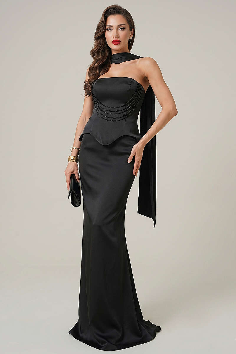 Strapless Evening Dress with Stone Front - Black