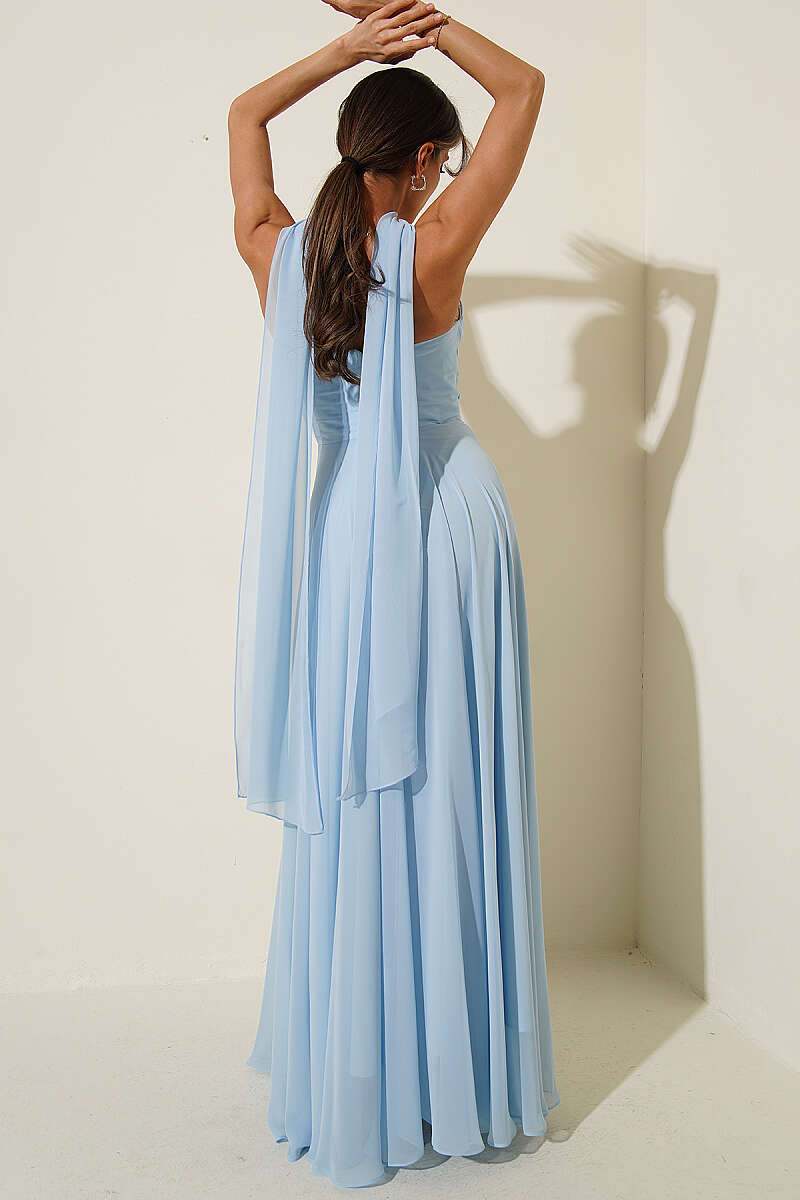 Strapless Chiffon Evening Dress - Light Blue