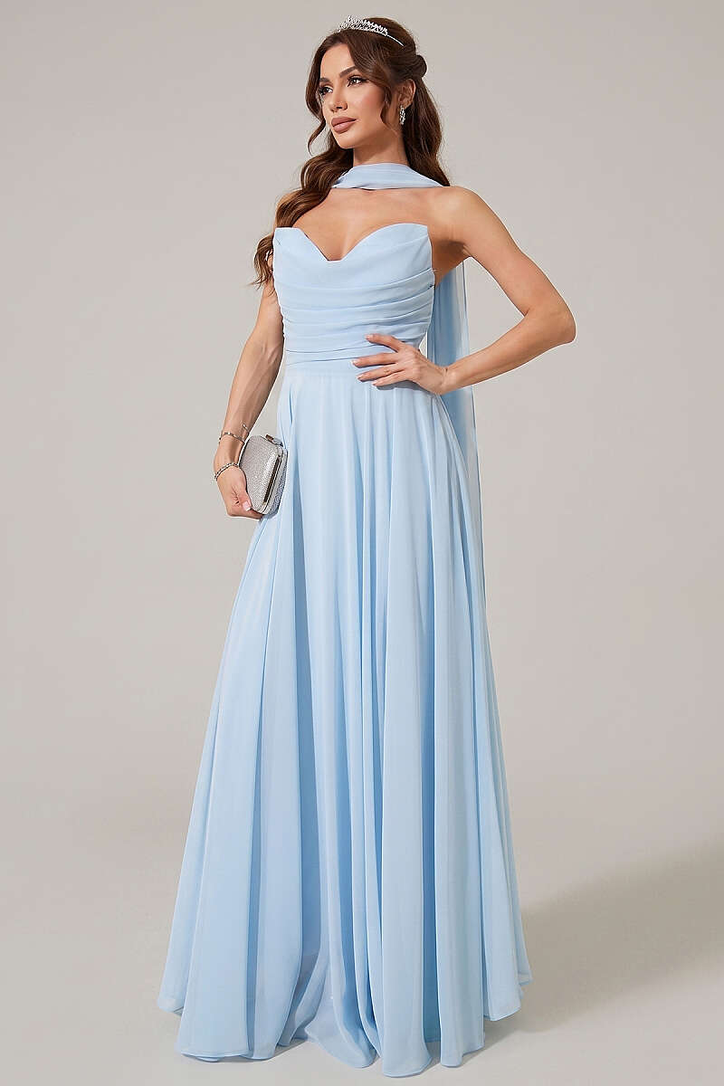 Strapless Chiffon Evening Dress - Light Blue