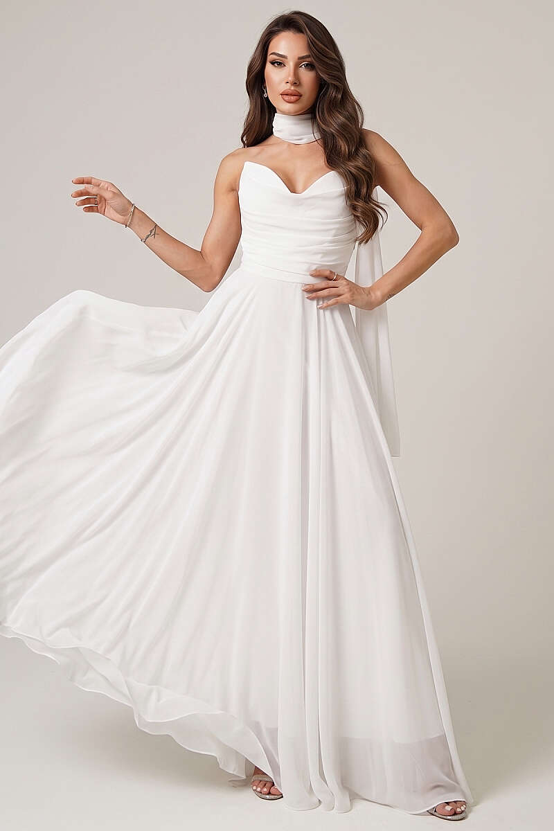 Strapless Chiffon Evening Dress - Ecru
