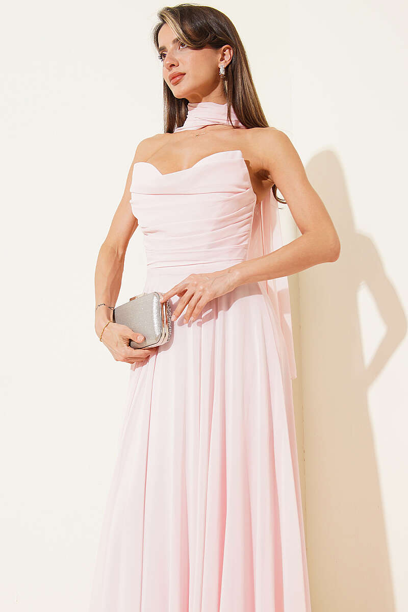 Strapless Chiffon Evening Dress - Powder