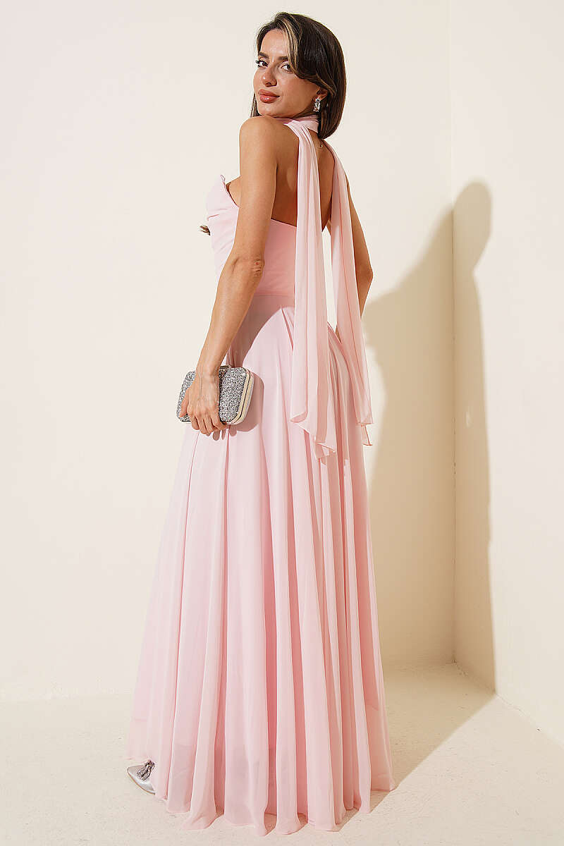 Strapless Chiffon Evening Dress - Powder