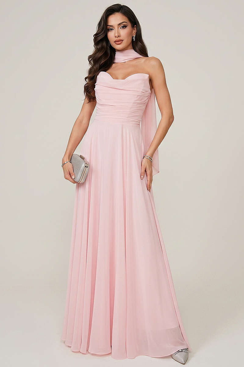 Strapless Chiffon Evening Dress - Powder