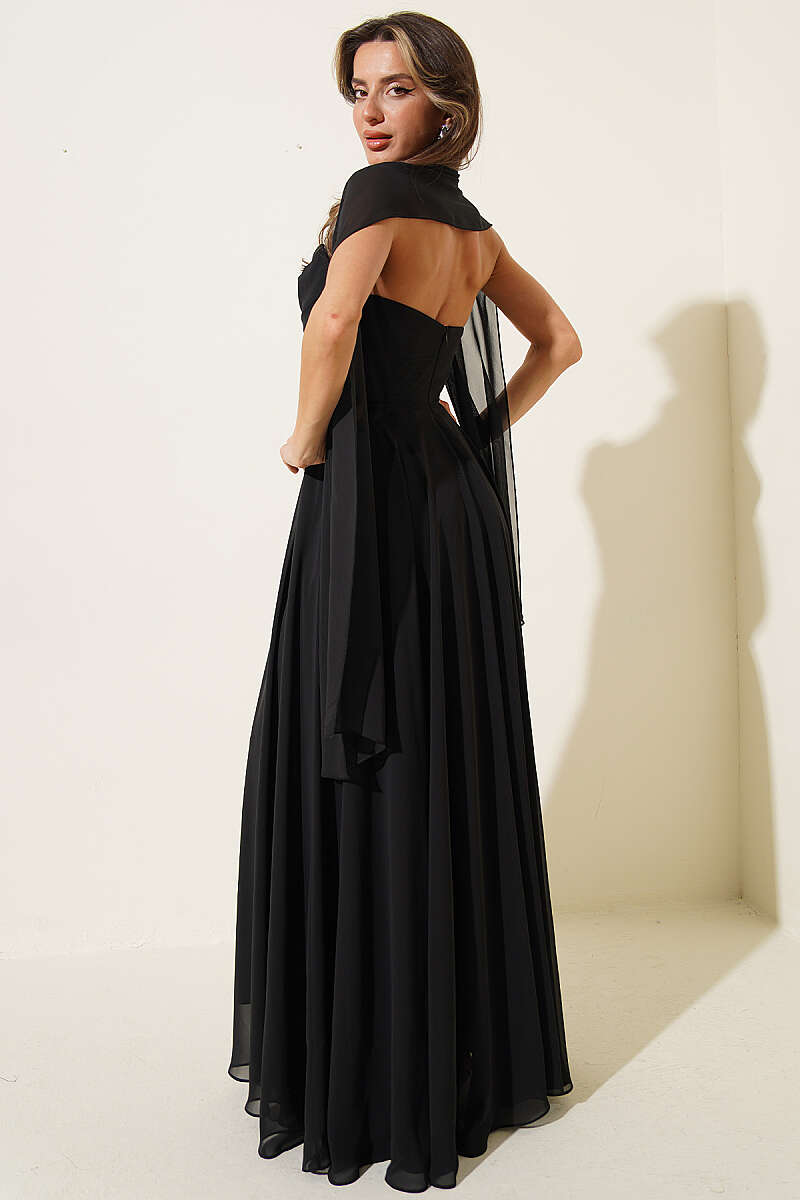 Strapless Chiffon Evening Dress - Black