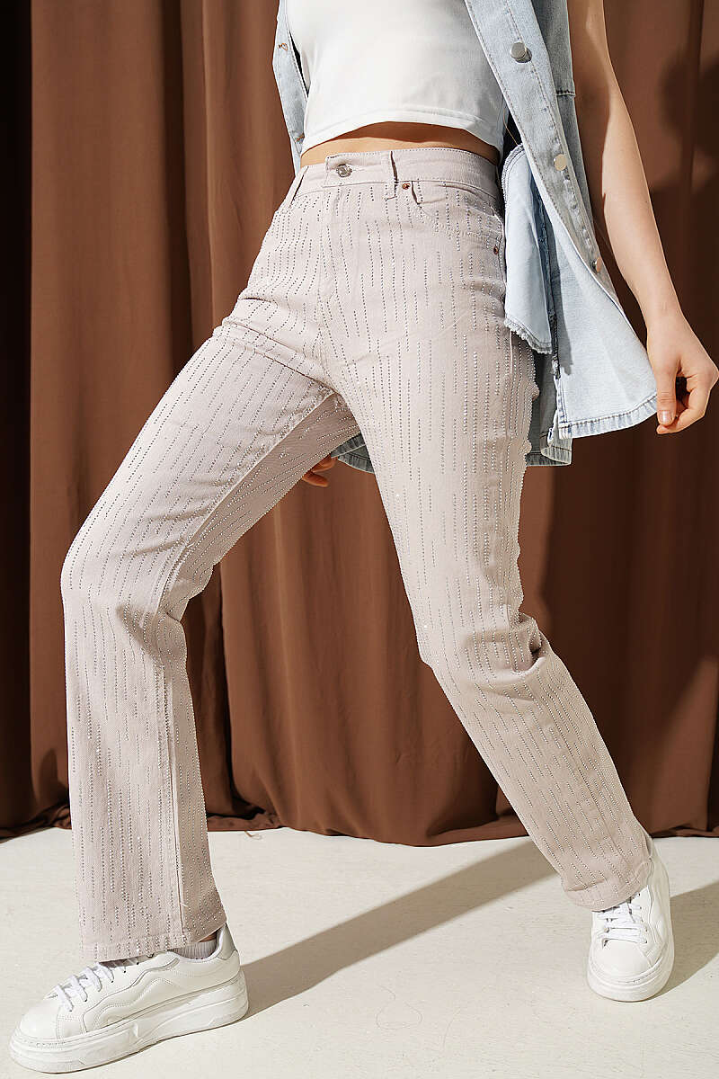 Gabardine Jeans with Stone Seam Trim - Beige