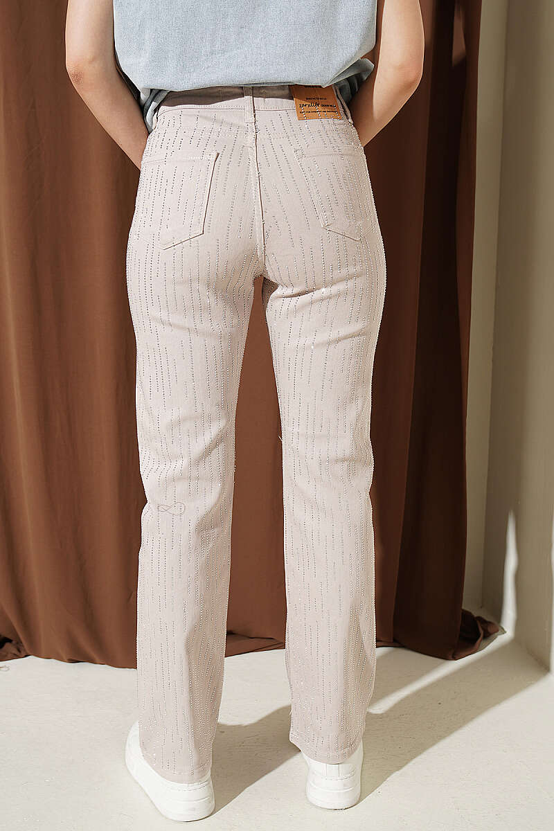 Gabardine Jeans with Stone Seam Trim - Beige