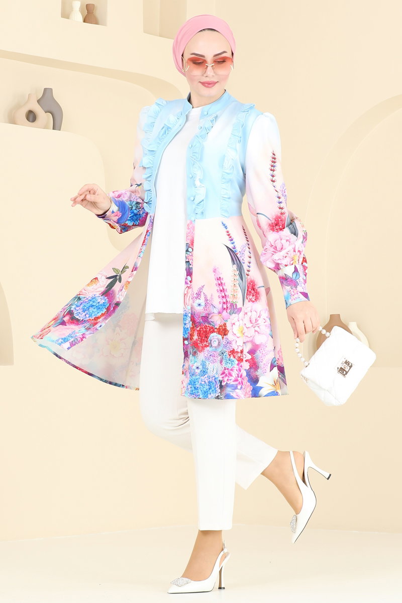 Ruffle-Detail Satin Tunic - Blue