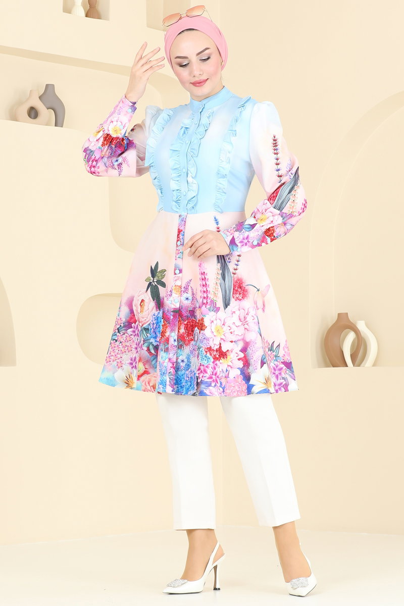 Ruffle-Detail Satin Tunic - Blue