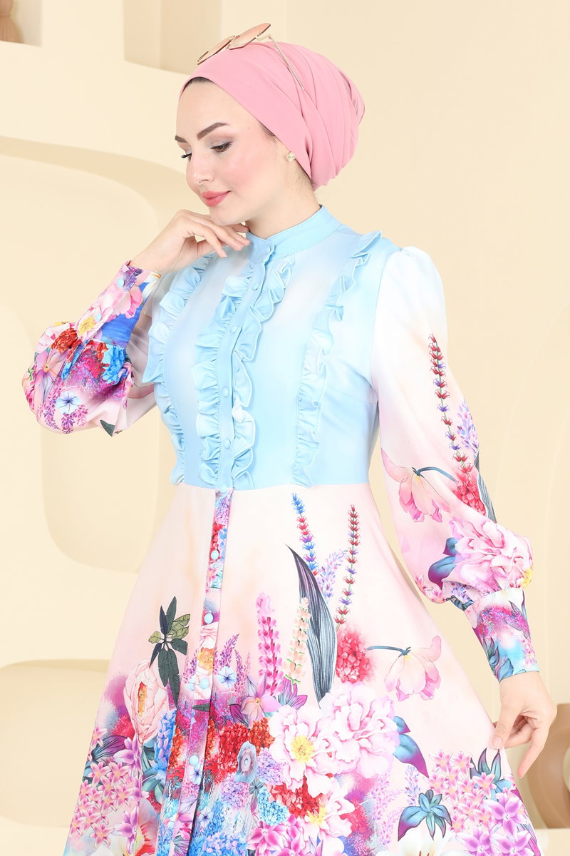 Ruffle-Detail Satin Tunic - Blue
