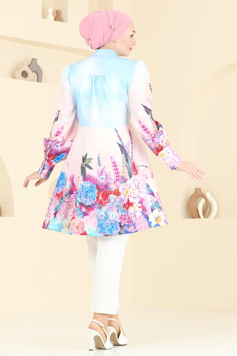 Ruffle-Detail Satin Tunic - Blue