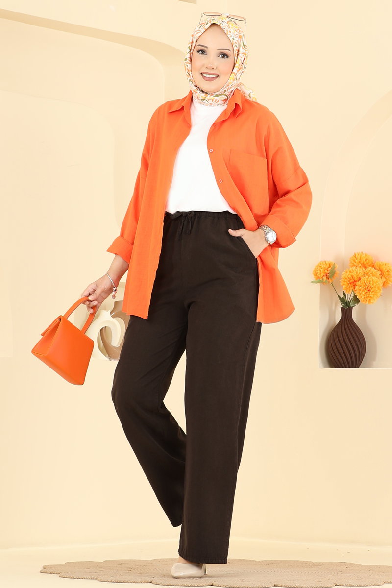 Tencel Trousers with Decorative Ties and Pockets - Brown