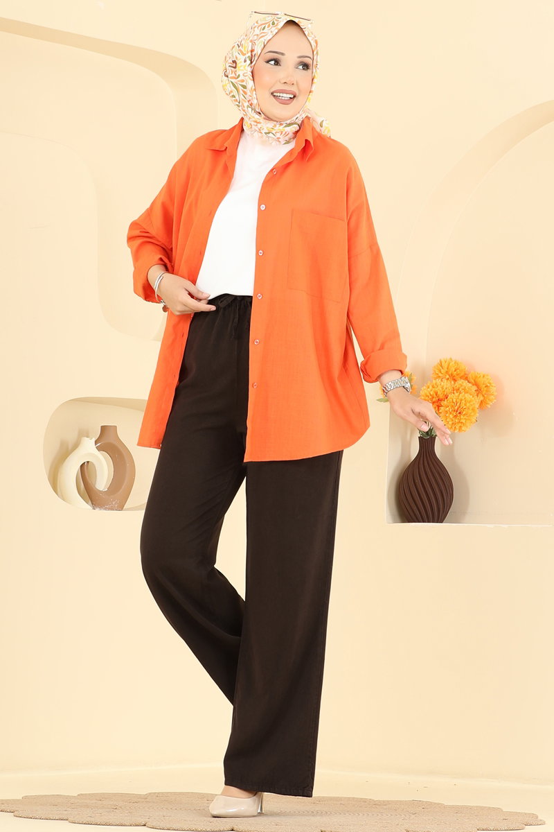 Tencel Trousers with Decorative Ties and Pockets - Brown